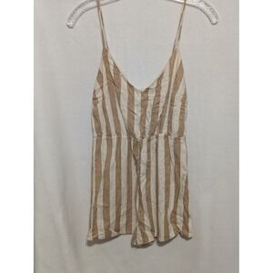 I Joah Premium Tan White Striped Romper  V-Neck Summer Sunsuit ( NO BELT)